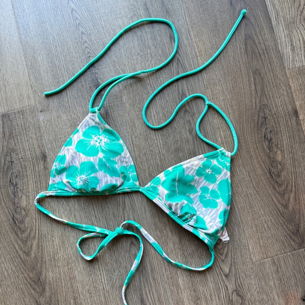 SO Authentic Heritage Teal Floral Hibiscus Triangle Bikini Top Halter Large